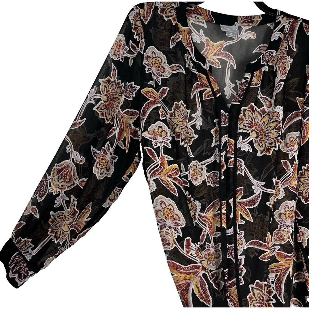 Liz Claiborne 2X Blouse Black Long Sleeve Floral Sheer Tunic Top Career Boho - Picture 6 of 8